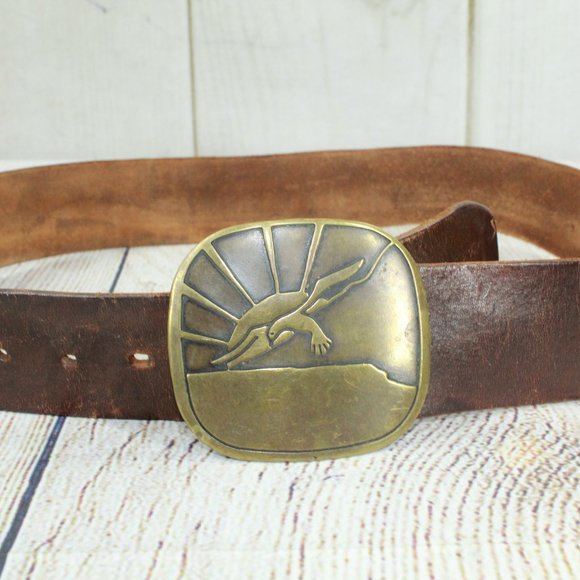Vintage Brown Leather Belt with Solid Brass Eagle Buckle Size S - Picture 3 of 12